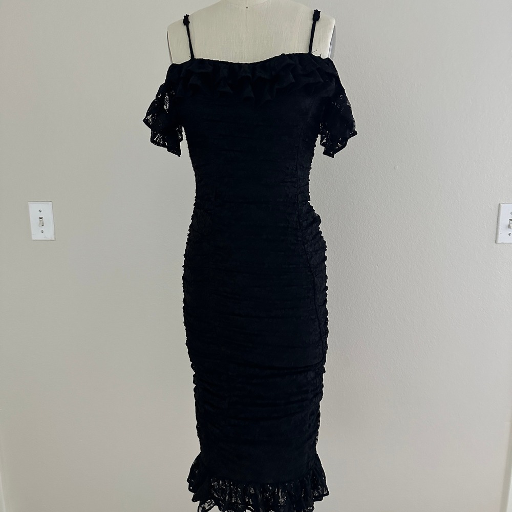 Klesis Lace Dress S Black Ruched Ruffle Off Shoulder Romantic Gothic Runs Small